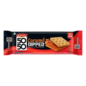 Britannia 50-50 Caramel Dipped Sandwich Biscuit, 120g+30gm